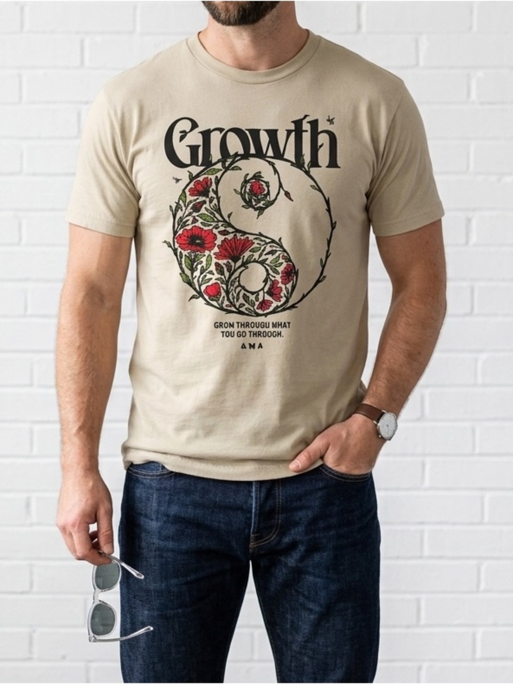 Growth Yin Yang Floral Graphic Tee Beige Boho Spiritual Oversized T Shirt Medium